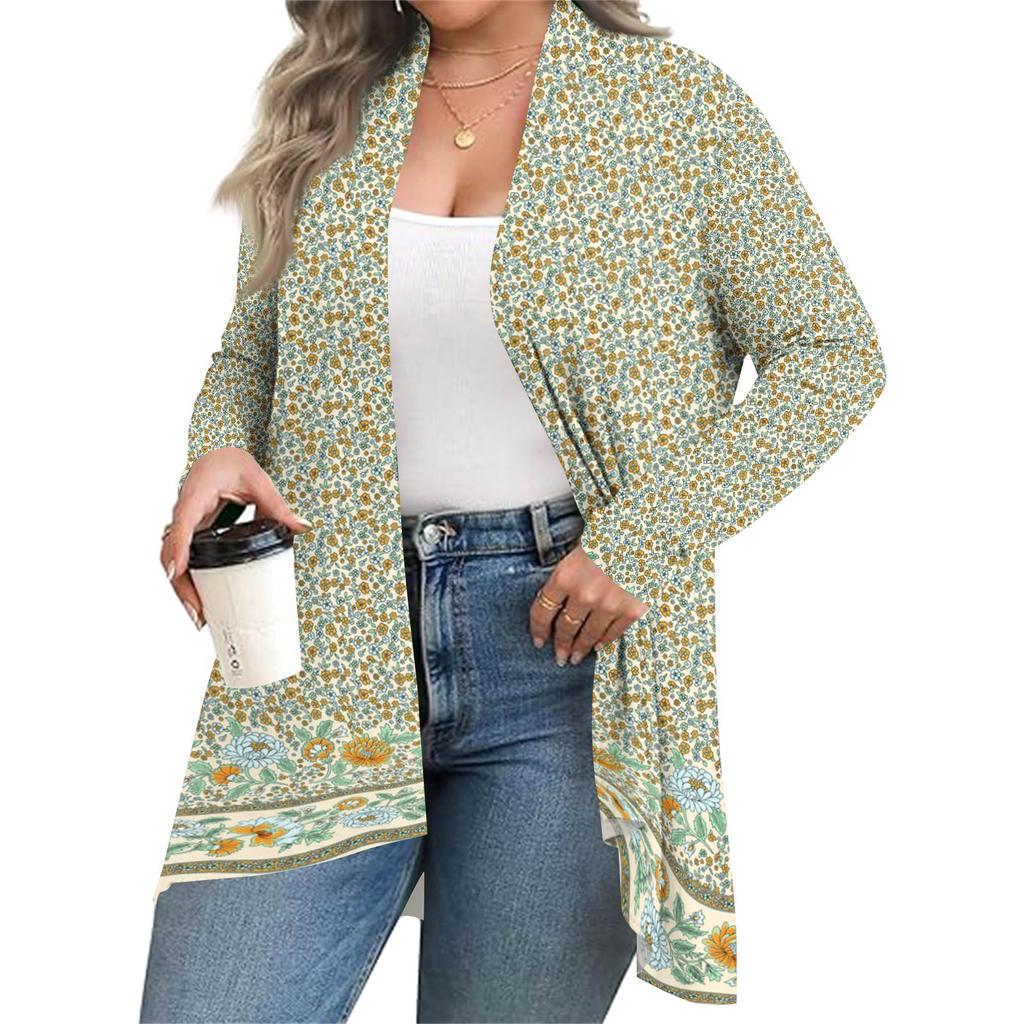 Women's Fall And Winter Fashion Casual Print Long Sleeve Mid-Length Cardigan Jacket