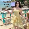 Seaside vacation dress new sweet girl gentle yellow suspender skirt backless irregular short skirt children