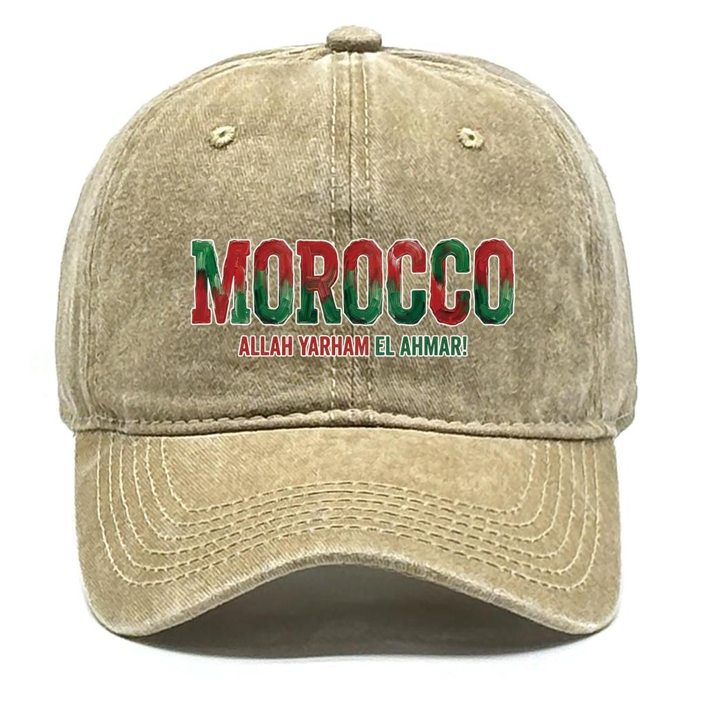 Baseball Cap With "MOROCCO" "ALLAH YARHAM EL AHMAR" Flag Printed , Adjustable Sun Hat Headwear Unisex Trendy Casual Dad Hat