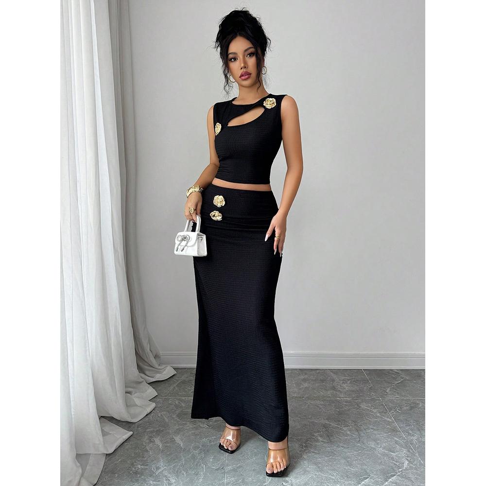 Women's 2 Pieces Summer Sets 2-Piece Set Knit Button Hollow Top And Waist Slit Skirt Skirt Set