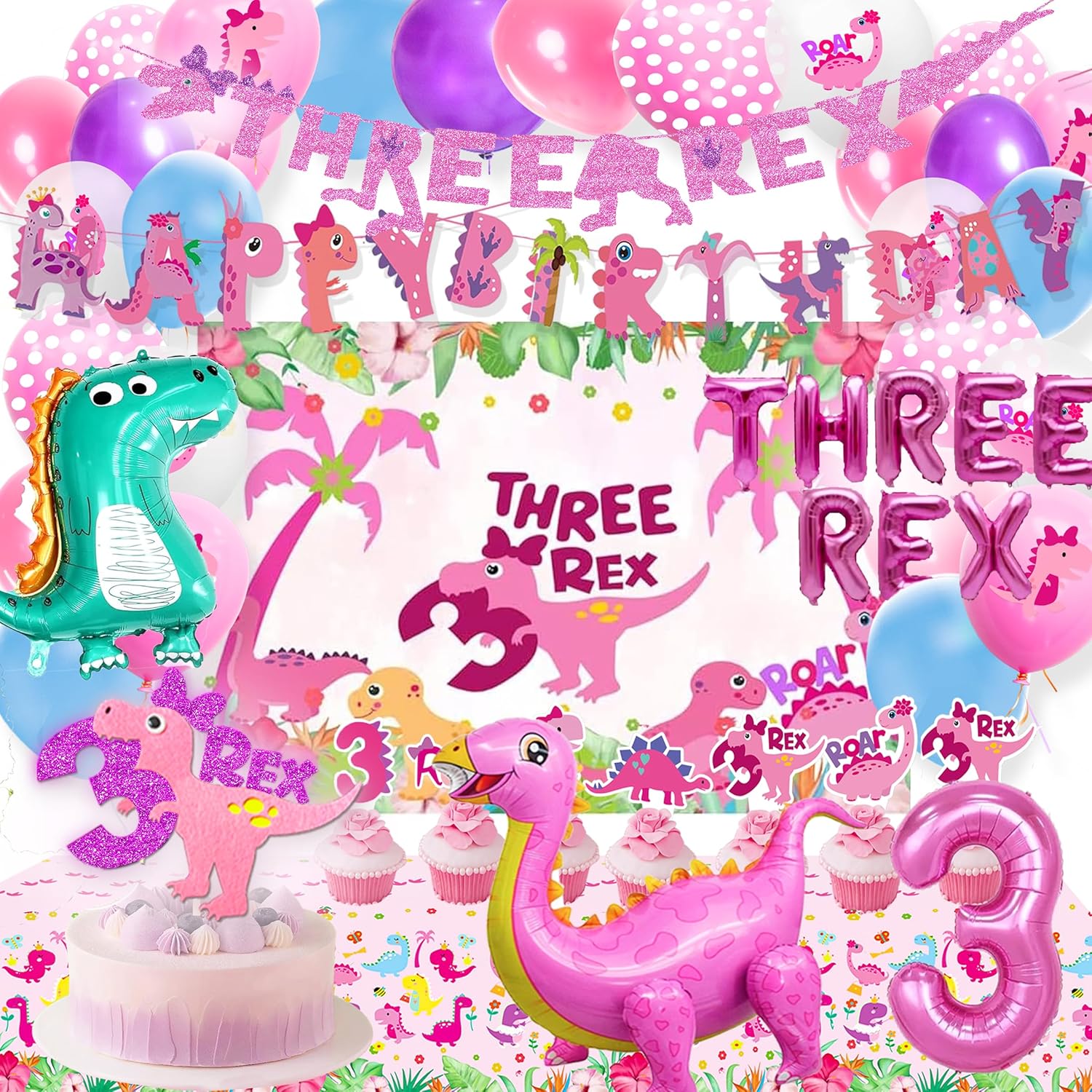 Three Dino Rex birthday party decorations girl, 3 Rex Girls Birthday Party Decorations, Pink Three inspirde rex birthday party decorations,Dinosaur