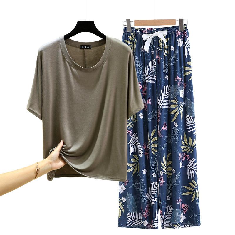 T-shirt girocollo in modal con pantaloni a gamba larga floreali in popeline Set pigiama estivo sottile Tuta casual larga per dormire Loungewear comodo tutto da abbinare