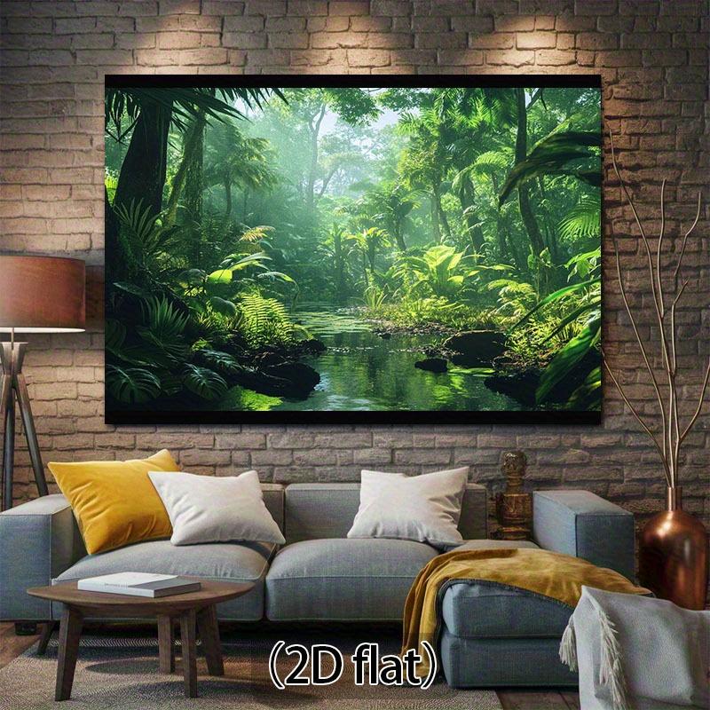 1 pièce de tissu de fond de ruisseau de forêt tropicale - végétation luxuriante, arbres et éléments aquatiques en arrière-plan