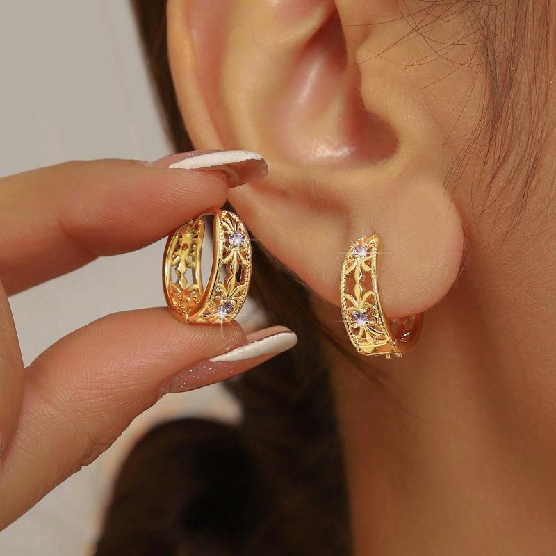 Hihho 1 Pair Vintage Style Hollow Geometric Round Brass Plated Zirconia Earrings With Purple Stones, Fashion Jewelry Gift For Women