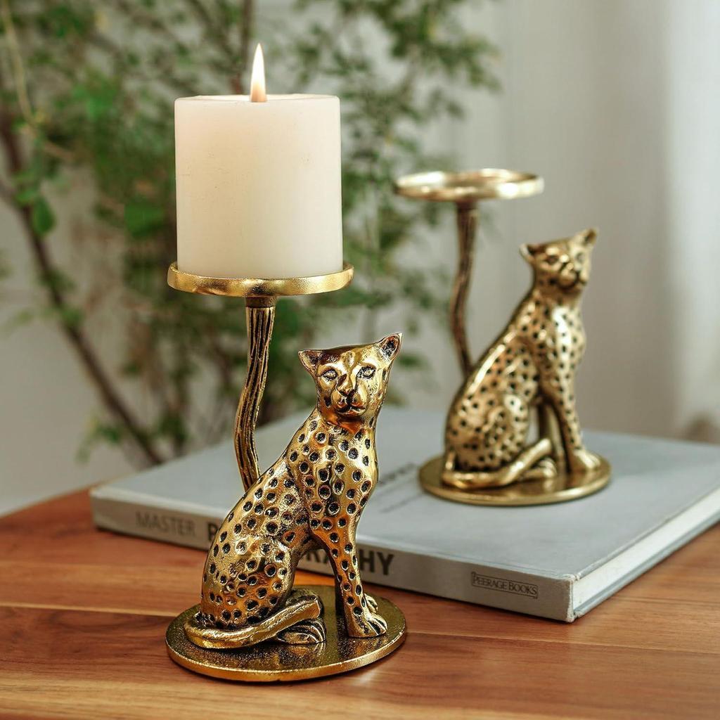 Aluminium Brass Finish Jaguar Pillar Candle Holder Statue | Tabletop Showpiece for Good Luck | Gift Article for Wedding (Candle Not Included)