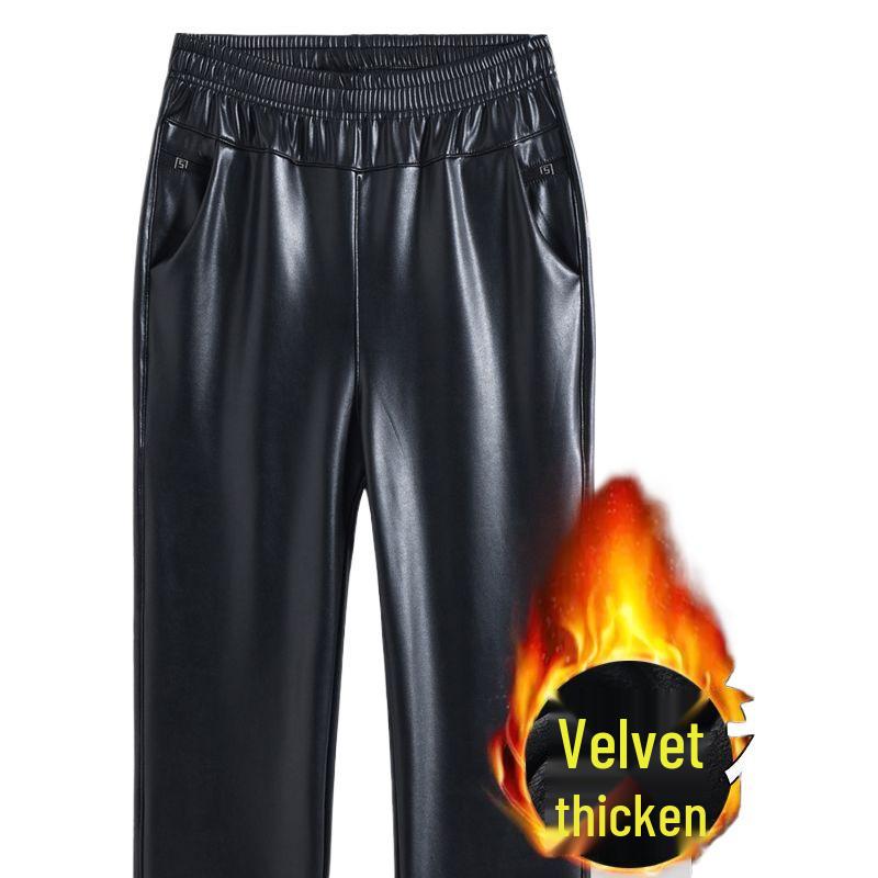 Women's High Waist Fleece-Lined Leather Pants: Plus Size, Loose Fit, Waterproof, Ideal for Spring, Autumn, and Winter