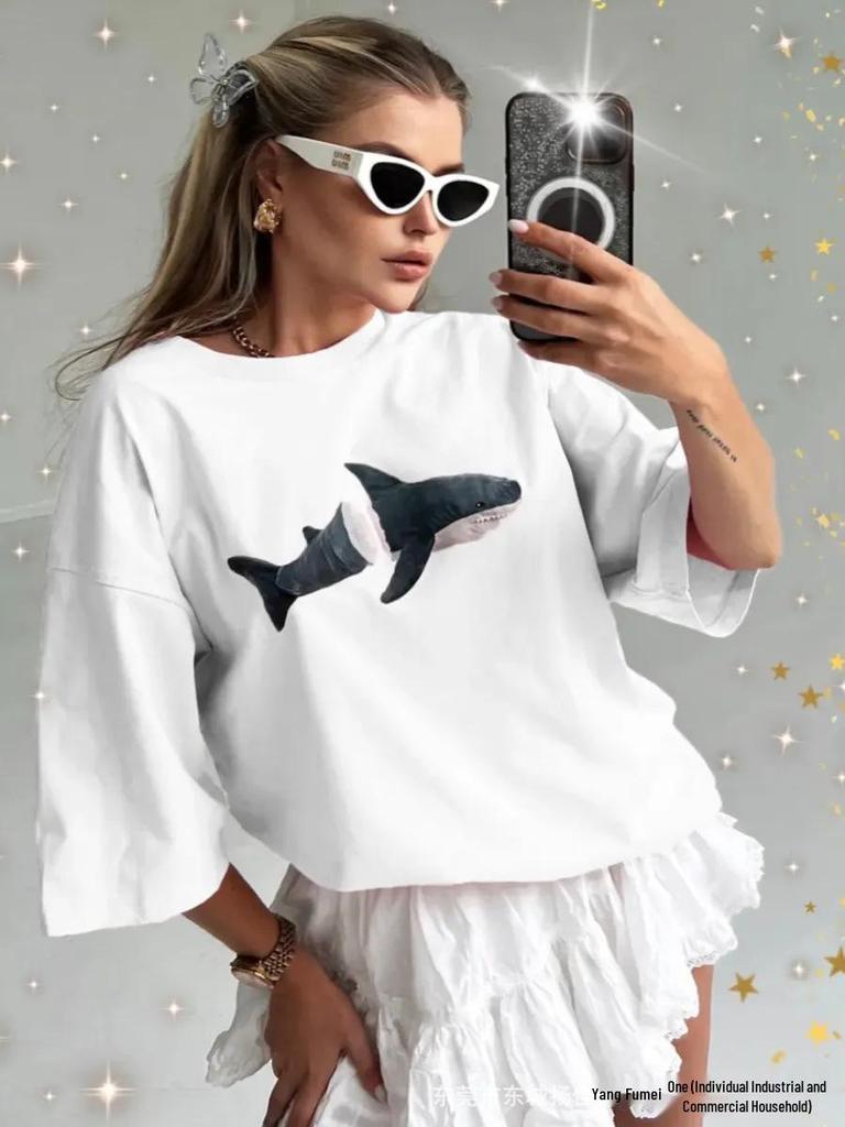 2026 Summer Women's European & American Style Versatile Shark T-Shirt - 100% Cotton Short Sleeve