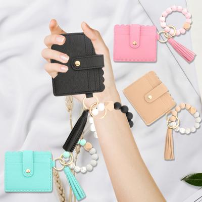 Ladies Wallet Card Decor Faux Holder Beads Tassel Leather Firm Stitching Marble Leopard Print Keychain