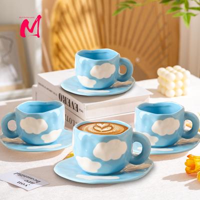 Japanese Hand Painted The Blue Sky and White Clouds Coffee Cup with Saucer Ceramic Handmade Tea Cup Saucer Set