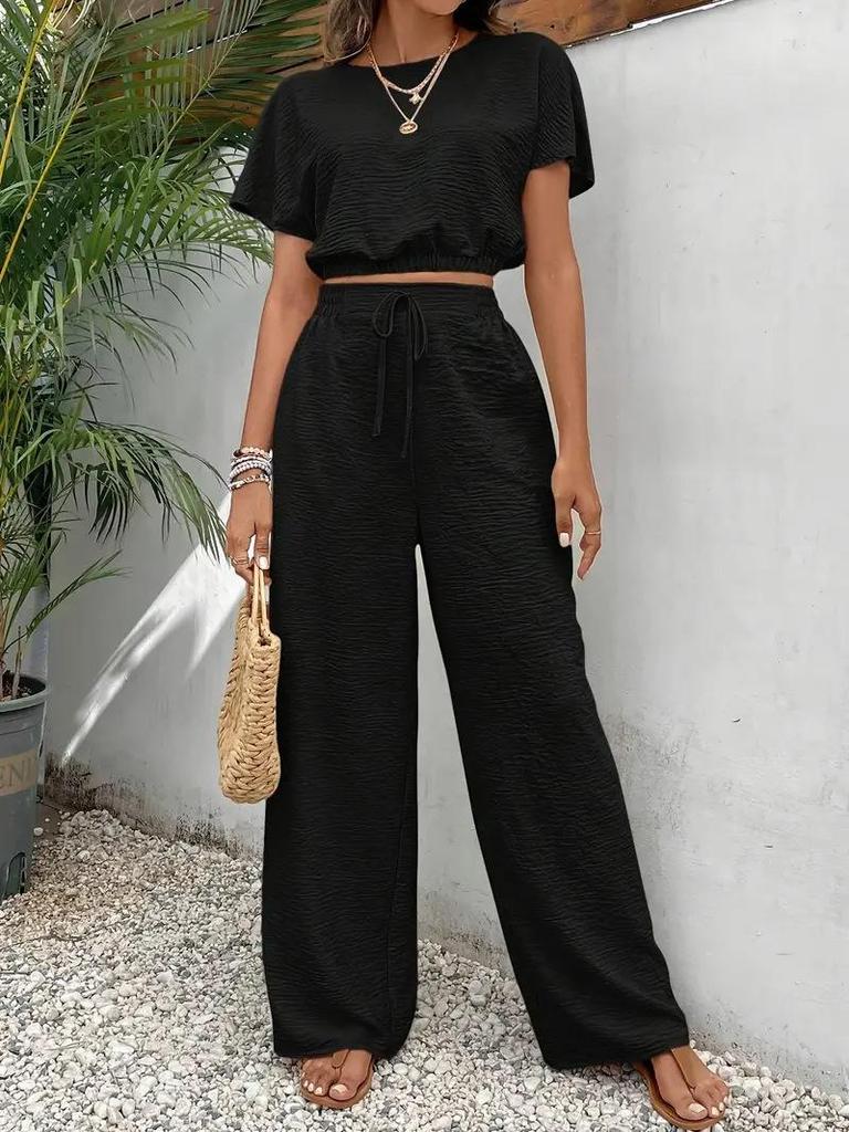 Women's 2 Piece Outfit Short Sleeve Top and High Waist Wide Leg Pants Casual Summer Lounge Set
