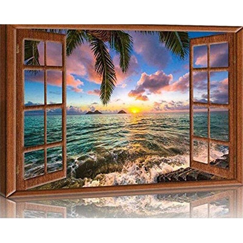5D Full Drill Round Diamond Painting Window Seaside Landscape Embroidery Sale Rhinestones Mosaic Wall Art 40x50cm