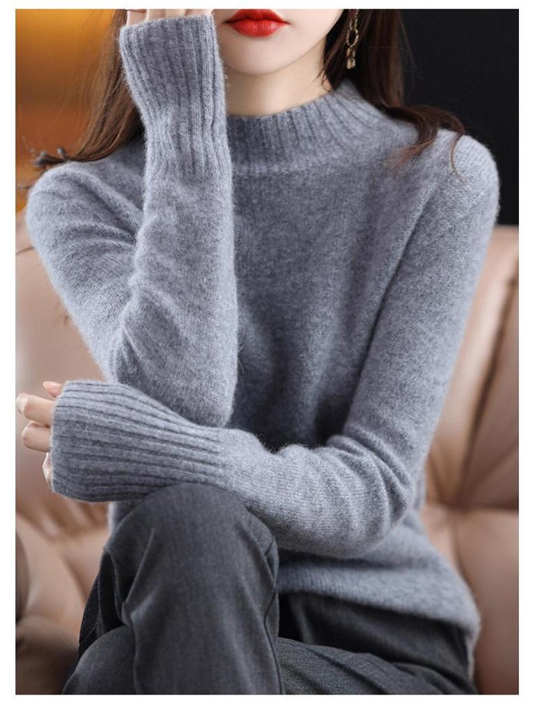 Women's Wool Sweater: Autumn/Winter Half-High Neck, Warm, Solid Color, Loose Fit, Commuter Style