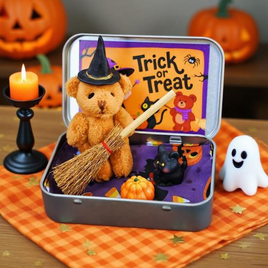 Halloween Bear In A Box Handmade Cute Witch Bear In A Tin for Trick or Treat Miniature Plush Bear with Broom Pumpkin Cat Halloween Party Gift