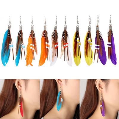 Women Jewelry Bohemian Style Vintage Dangle Drop Earring Rice Beads Feather Earrings Long Tassel