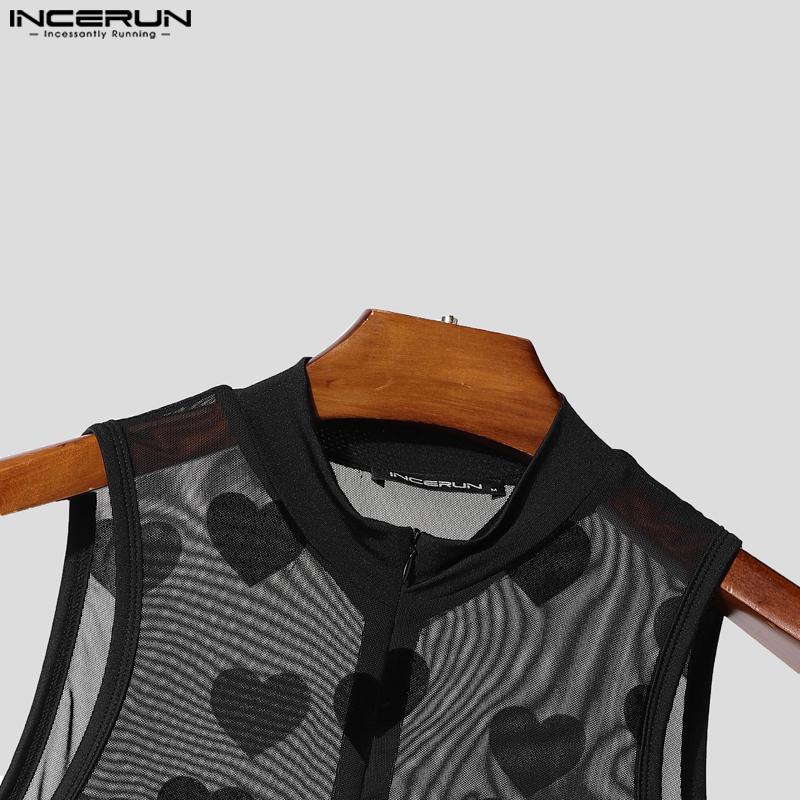 INCERUN Men Crew Neck Sleeveless Print Mesh Sheer Leotard Underwear Jumpsuits