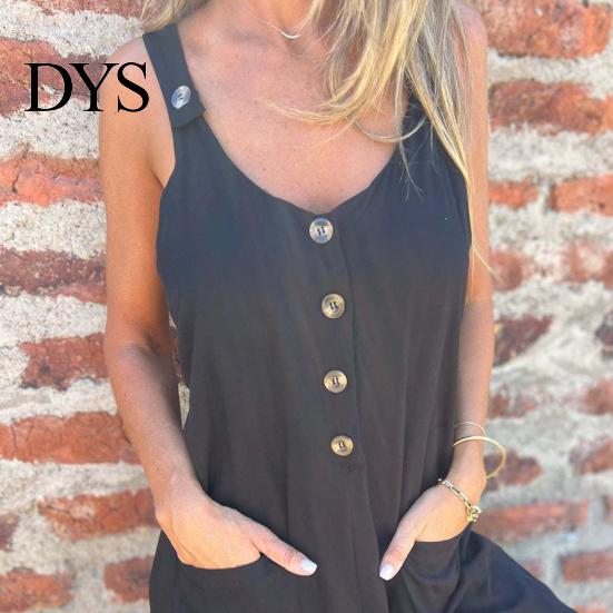 Suspenders Jumpsuit Summer Women V Neck Sleeveless Loose Wide Leg Button Decor Pure Color Deep Crotch with Side Pockets Casual Vacation Homewear