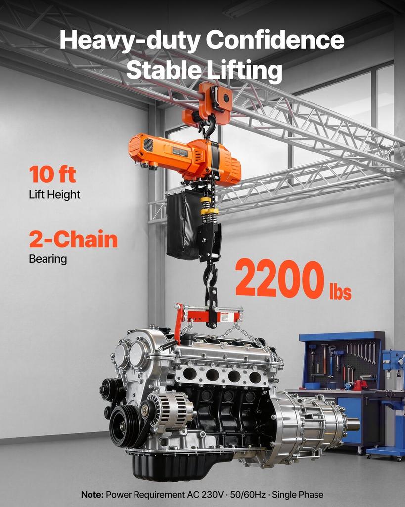 1000 kg Electric Chain Hoist, 3 m Lifting Height, 230V Single Phase Overhead Crane with 100 m Wireless & 2.4 m Wired Remote Control, Power Electric