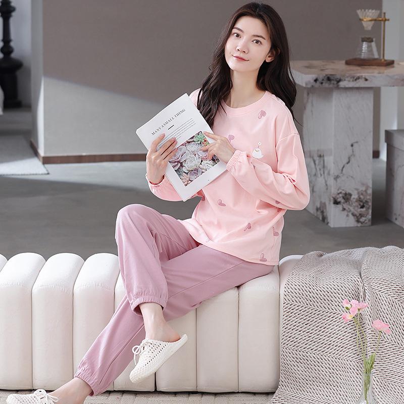 Aifen Teng Women's Pajamas Set: Pure Cotton, Long Sleeve, Long Pants, Casual Home Wear, Suitable for Spring, Autumn, and Winter.