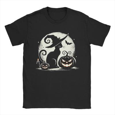Schwarze Katze Halloween Katzenliebhaber T-Shirts für Männer Vintage Reine Baumwoll-Tees Rundhals Kurzarm T-Shirts Übergrößen Tops