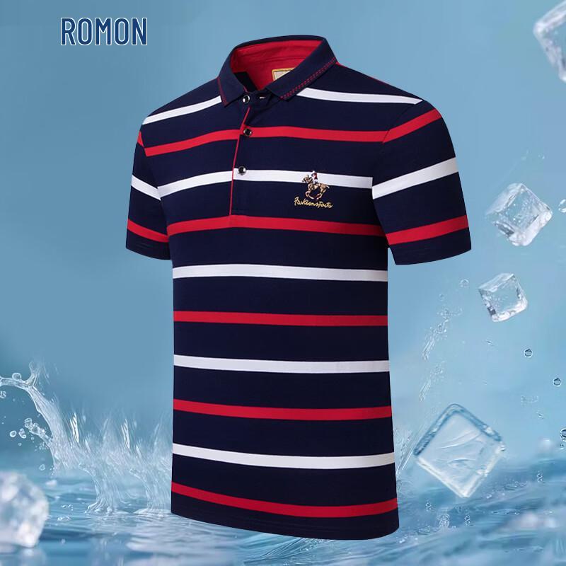 ROMON Men s Summer Striped Short Sleeve Polo Shirt 2XL