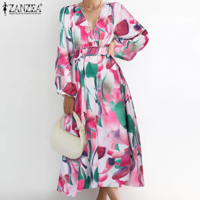 

ZANZEA Женское повседневное праздничное платье с v-образным вырезом и длинным рукавом с цветочным принтом