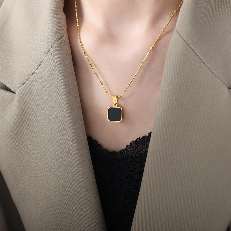Hong Kong Retro Square Pendant Necklace: 18K Gold Titanium Steel, Elegant Niche Jewelry
