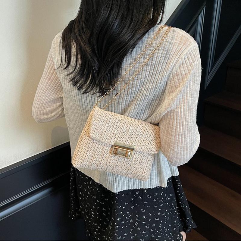 Buckle Closure Chain Crossbody Shoulder Bag Sweet Raffia Woven Women Sling Bag Solid Color Lightweight Beach Travel Purse