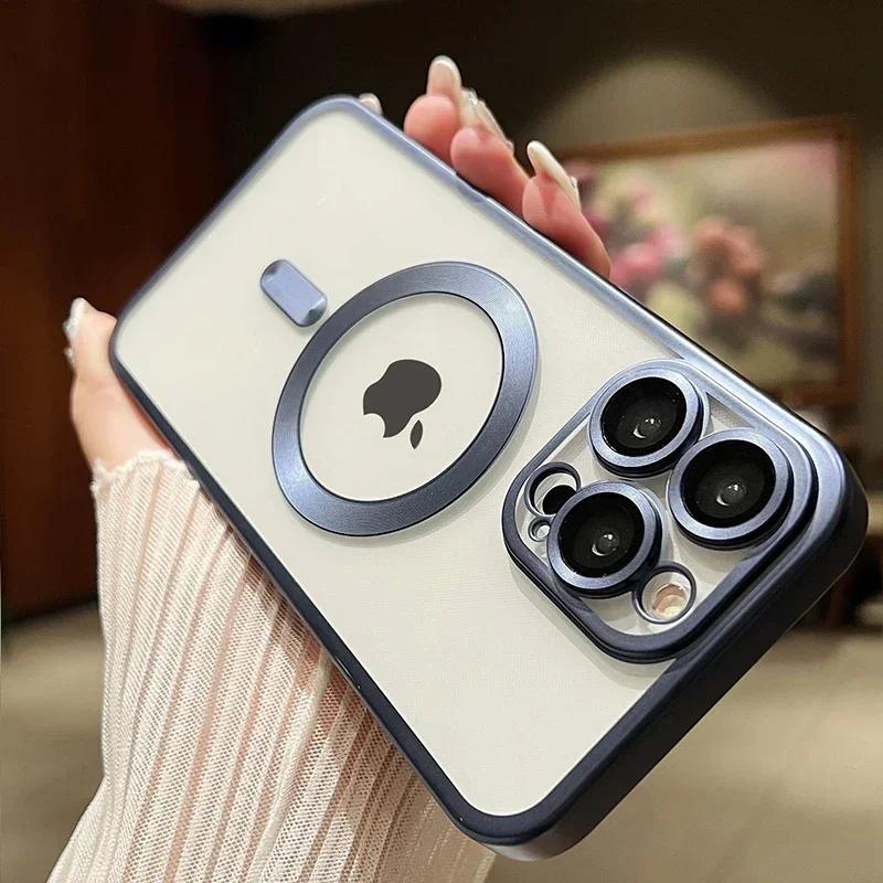 Shockproof Matte Plating Magnetic Clear Case For iPhone 15 14 13 12 11 Pro Max 15 Plus Silicone Wireless Charge Soft pink Cover