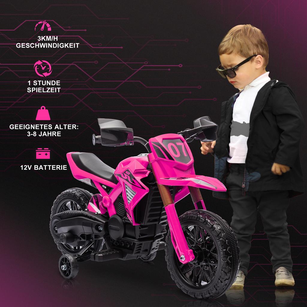 Electric Motorcycle for Children, 12V Kids Motorcycle with Training Wheels, Children's Vehicle with Horn and Start-Up Sound, 3 km/h, Pink