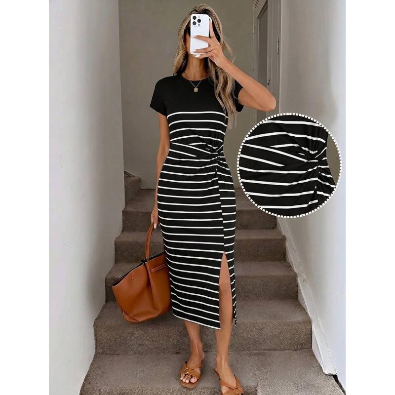 Europe, America 2026 summer new retro temperament elegant striped split-ended sleeveless medium and long dress XS