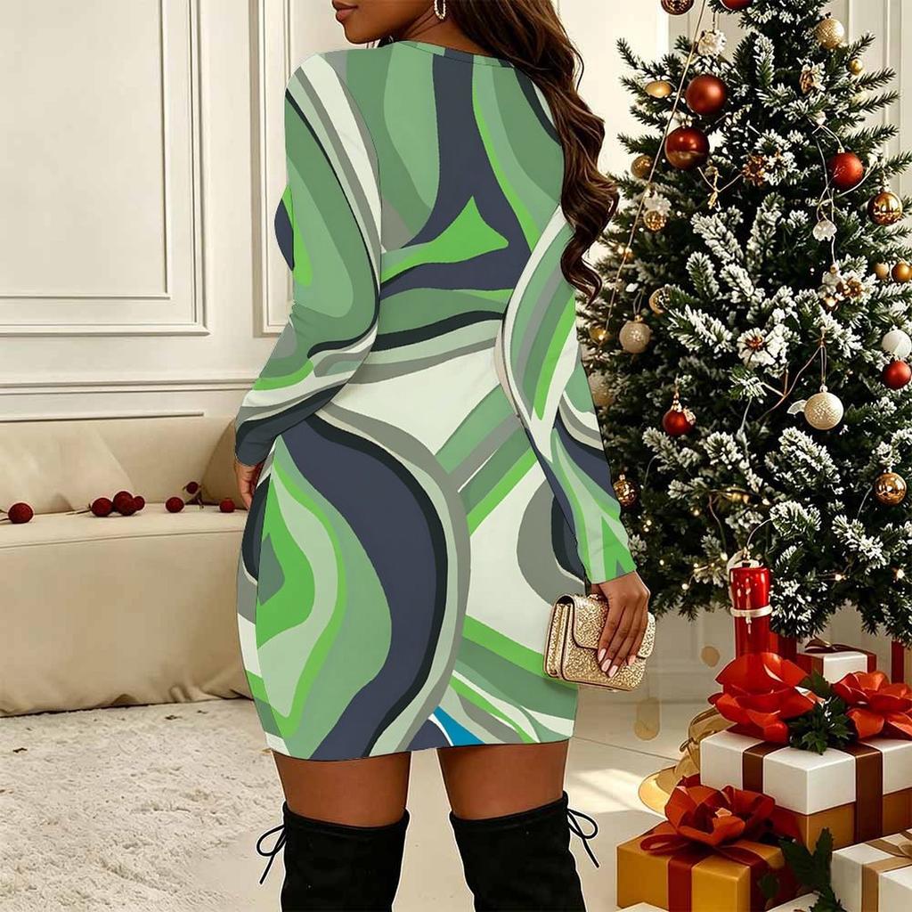 Women Plus Size Long Sleeve V Neck Crisscross Hollow Bodycon Mini Party Club Dress