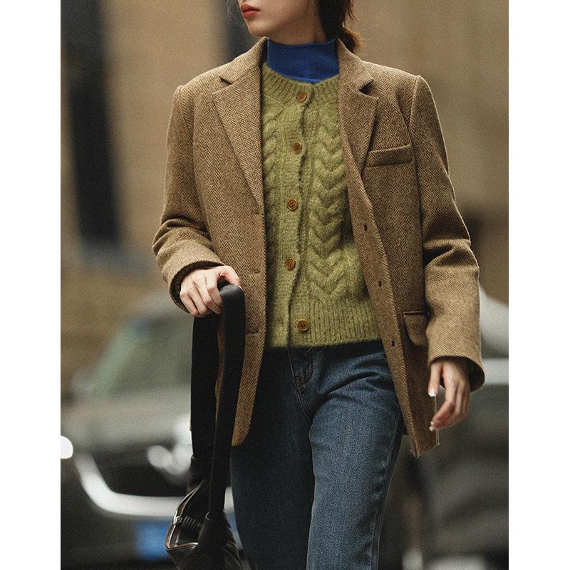 

Женский простой шерстяной блейзер с воротником-лацканом на осень-зиму, шерстяное пальто, куртка для офиса, повседневная верхняя одежда S коричневый