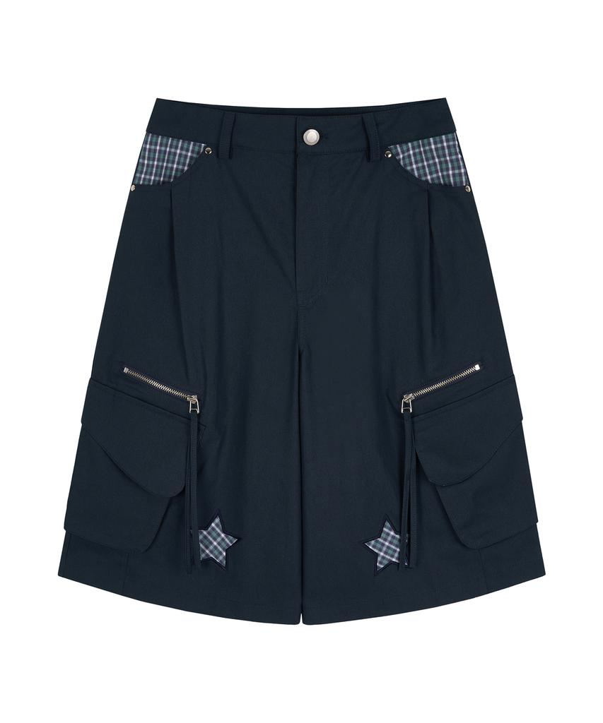 Awoseiawo Star Check Color Block Bermuda Shorts Navy