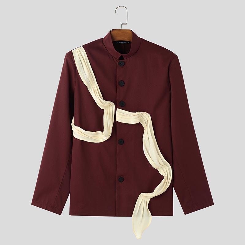 

INCERUN Мужской пиджак с воротником-стойкой, оборками и длинными рукавами, на пуговицах, в стиле пэчворк M вино красного