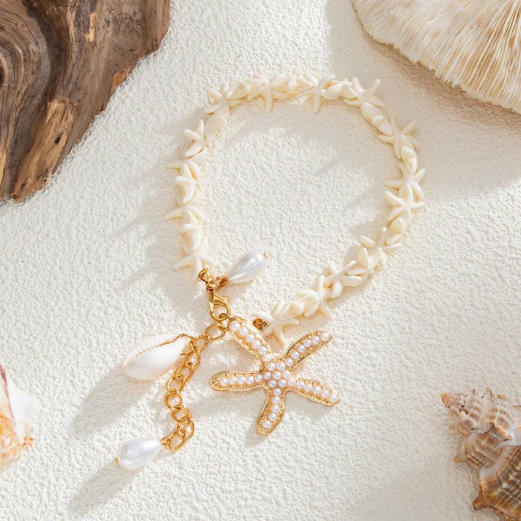 Salircon Y2K Boho Imitation Pearl Metal Starfish Pendant Anklets Foot Chain for Women Summer Beach Barefoot Chain Jewelry Gifts