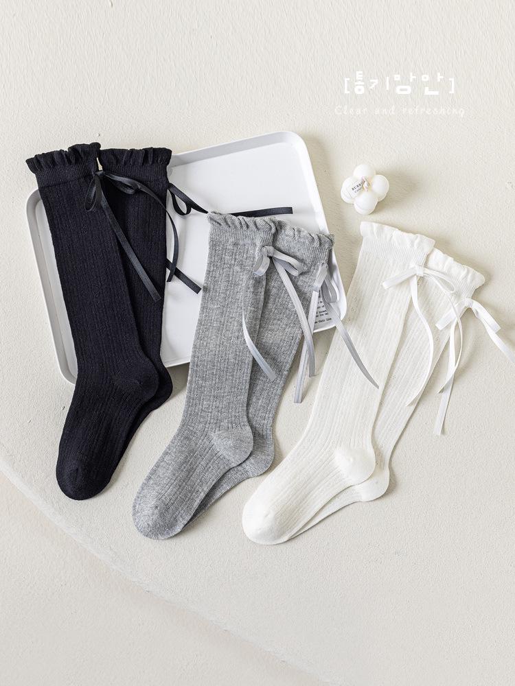 Girls' Summer Mesh Long Socks with Bowknot - Lightweight, Breathable Calf-Length Socks