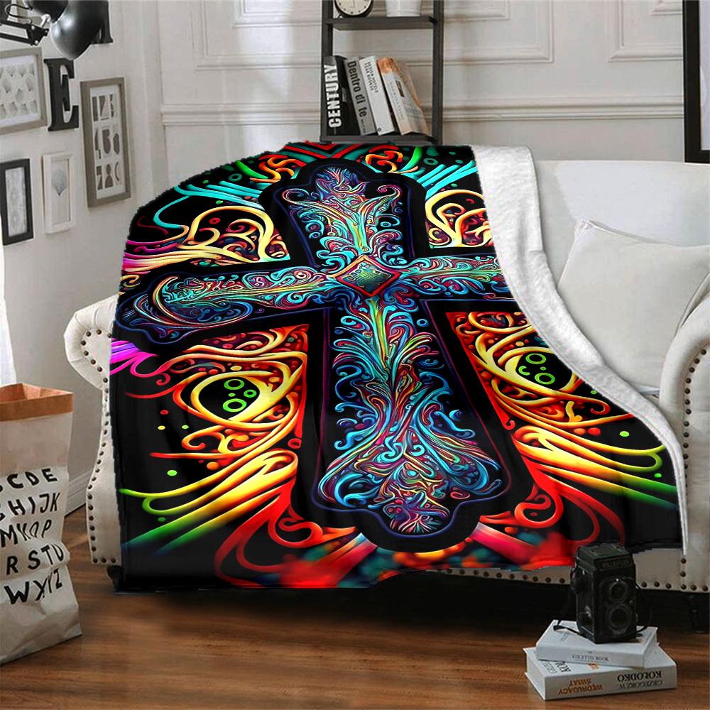 1pc Psychedelic Cross Blanket - Lightweight Flannel Fleece with Digital Printing, Soft Warm for Sofa, Travel, Camping, Office yy251018273