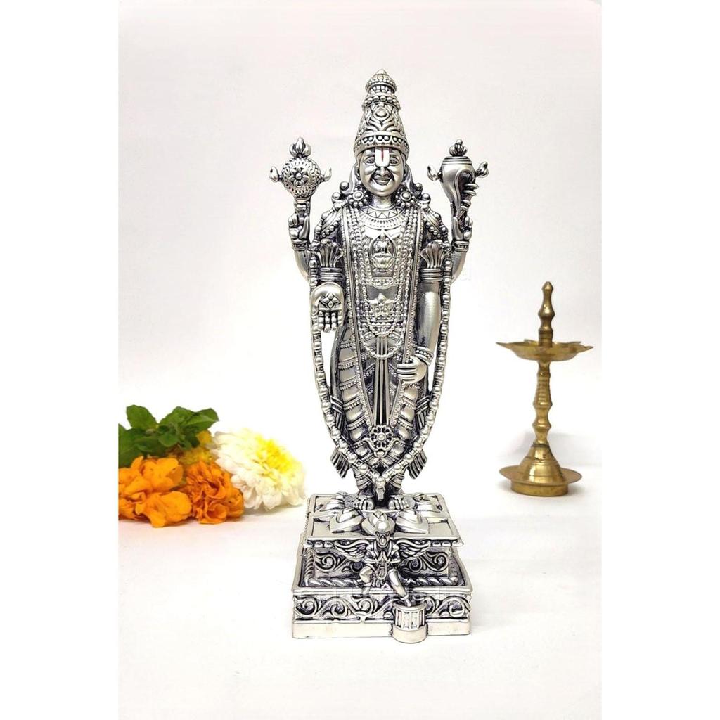 Lord Tirupati Balaji Silver  Matte Idol with Garuda for Car Dashboard | Vishnu Ji Idol for Office Desk | Venkateswara Swamy Murti for Home