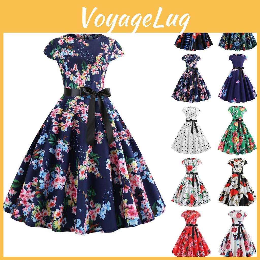 Print Womens Short Sleeve Vintage Laceup Dress