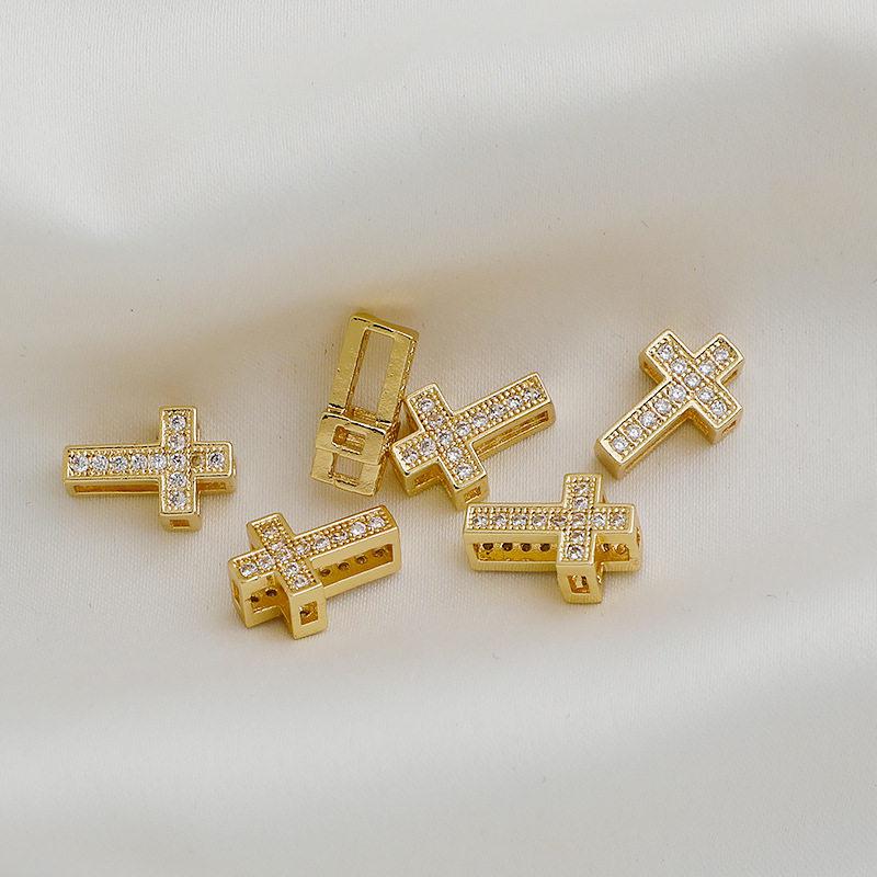 14K Gold Plated Colorfast Zircon Double-Sided Cross Pendant with Beading Rope DIY Jewelry Materials