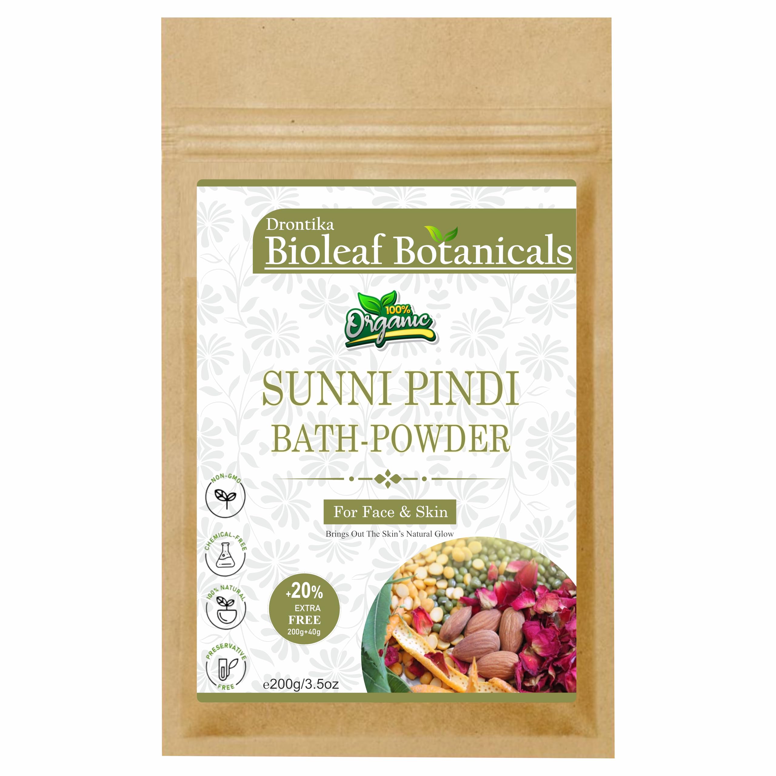 Drontika Bioleaf Botanicals Sunnipindi Травяной Nalangu Maavu УБТАН Порошок для ванны для кожи (200 грамм), 3-в-1 Убтан Скраб для тела | Маска для лица | Маска
