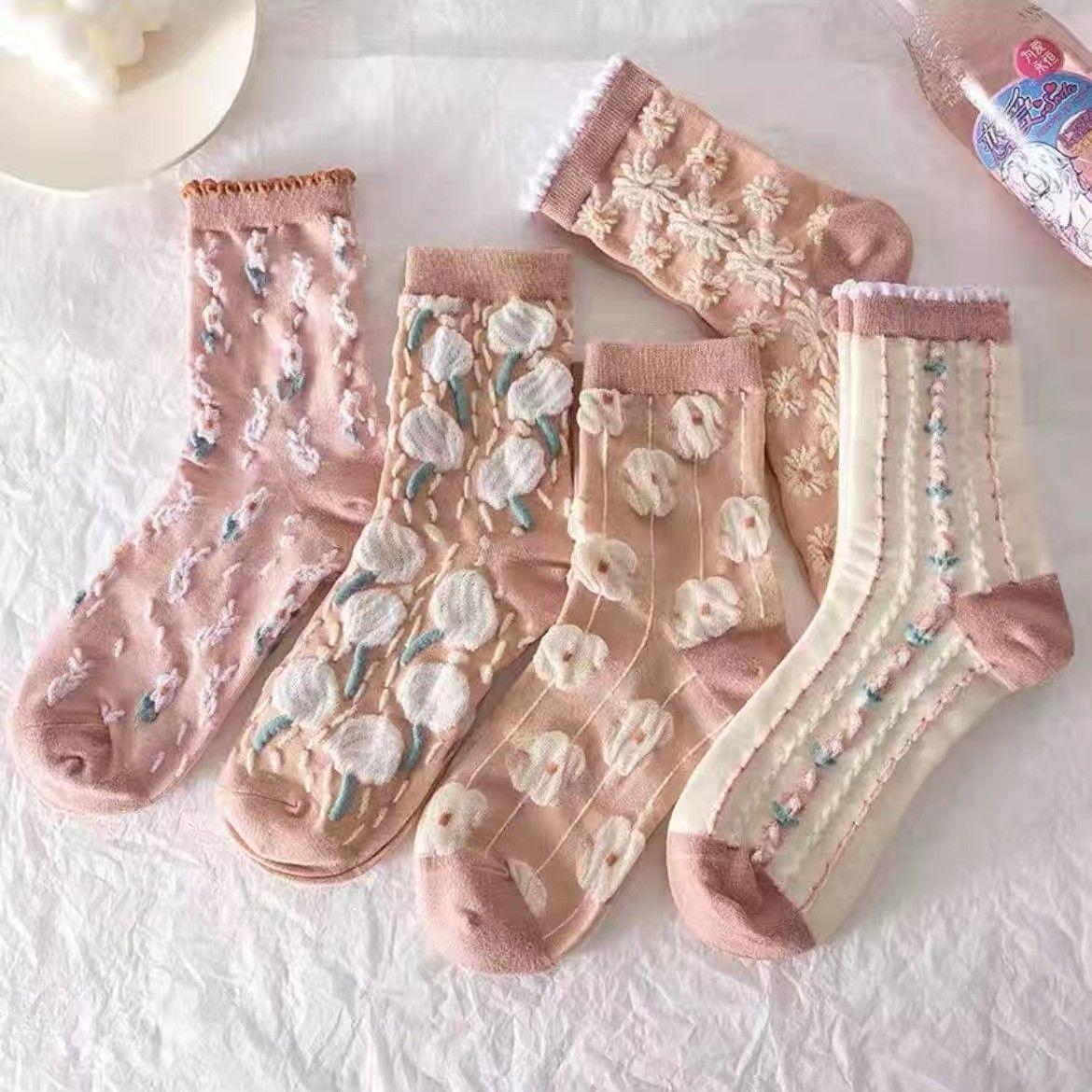 

5 пар весенних и летних розовых женских носков средней длины в стиле ретро, универсальные трехмерные корейские чулки Mori Cute Japanese