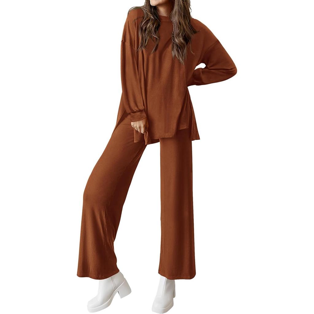 Completo Due Pezzi Moda da Donna a Vestibilità Larga, Colore Unico, Scollo Tondo Spaccato, Maniche Lunghe, Pantaloni Lunghi