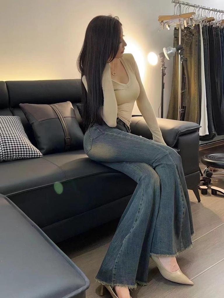 Hot Girl Retro Fishtail Flared High Waist Ripped Jeans