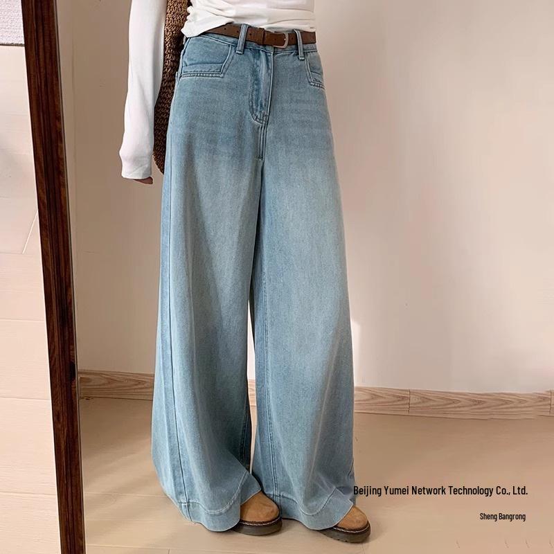 Women's Light Blue Wide Leg Jeans - Plus Size, Pear Shape, Slimming, Spring Season, Hip Covering