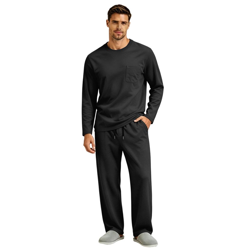 Men's Long Sleeve Pajama Set with Button Fly and Elastic Drawstring Waist for Sleep and