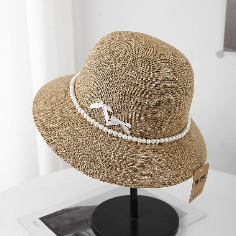 French sunshade bow pearl flat top straw hat sunshade sunscreen casual fashion versatile beach hat women