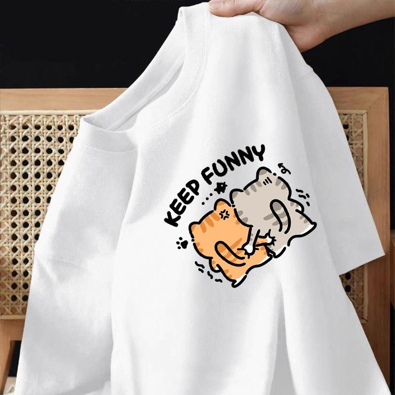 

Korean Version Creative Kitten Print Shortsleeved Tshirt for Couples Summer Loose and Casual Cute Top for Both Men and Women S