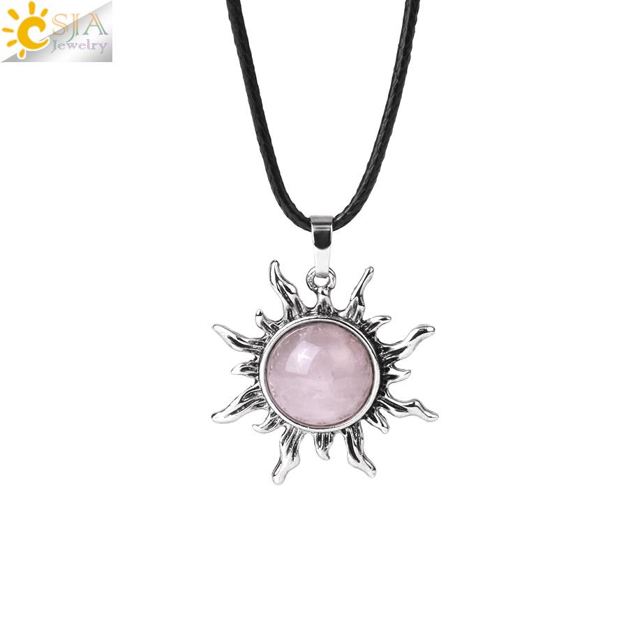CSJA Vintage Sun Flower Pendant Natural Stone Crystal Necklace Genuine Round Amethysts Pink Quartz Obsidian Lapis Lazuli H120