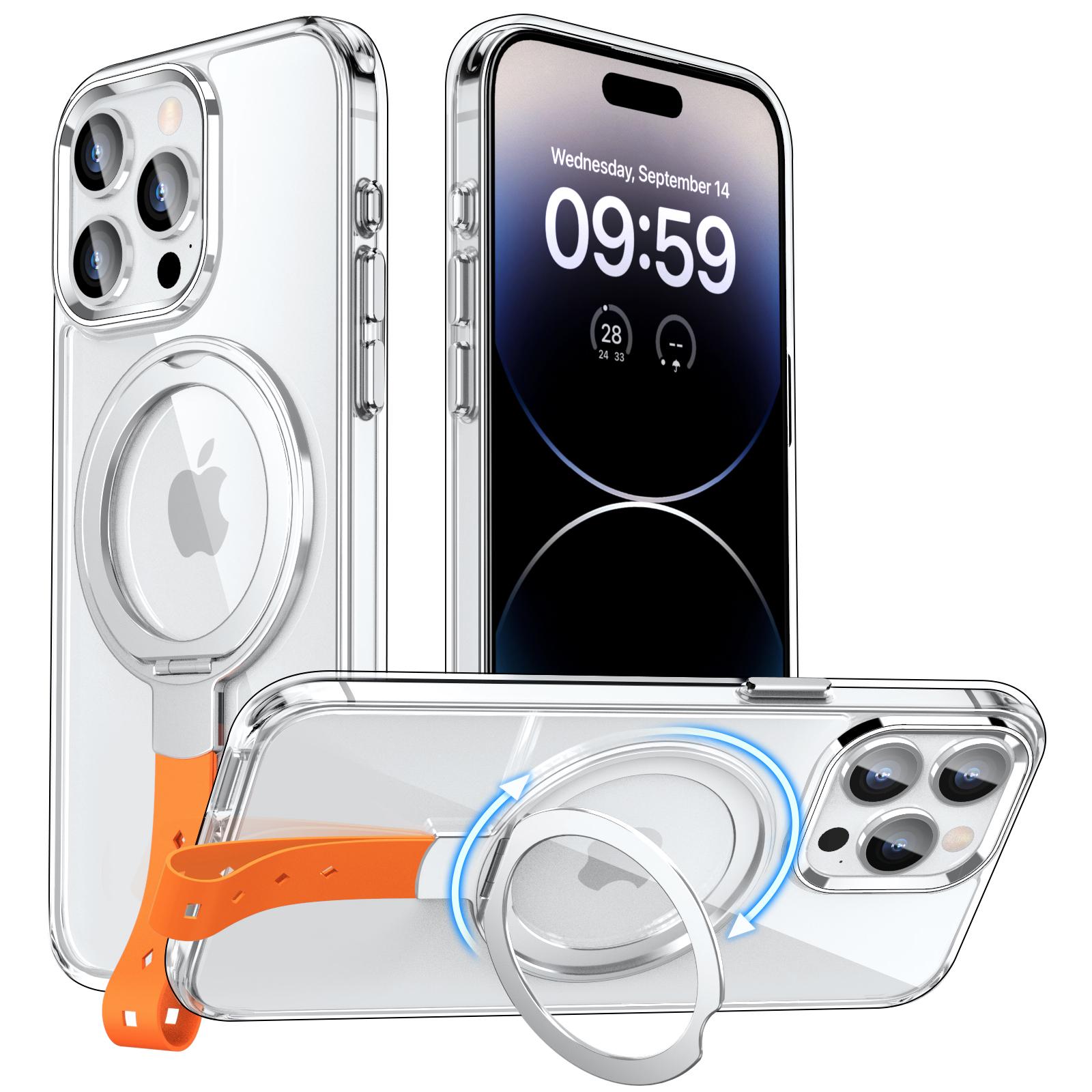 

For iPhone 14 Pro Max Magnetic Case Clear PC Hard Phone Cover Rotatable Grip Holder C